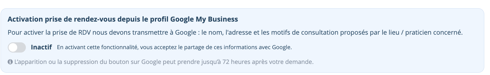 Bouton bascule Actif ou Inactif et informations transmises à Google