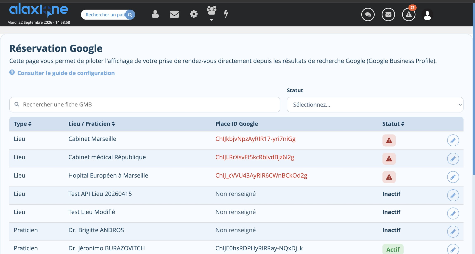 Liste des lieux et praticiens avec leur Place ID Google, leur statut et le bouton Modifier