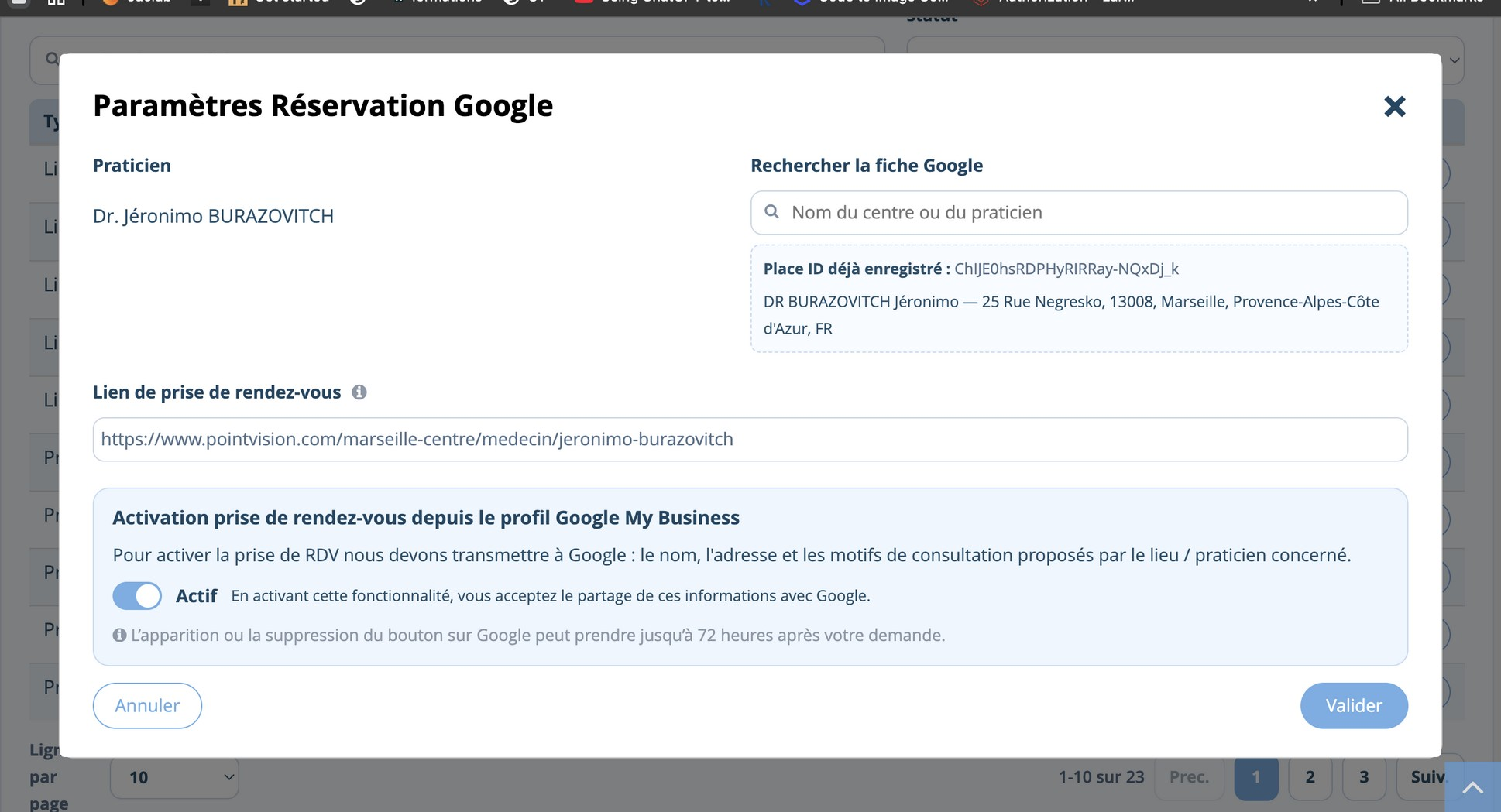 Fenêtre affichant le Place ID déjà enregistré ainsi que le nom et l’adresse de la fiche Google