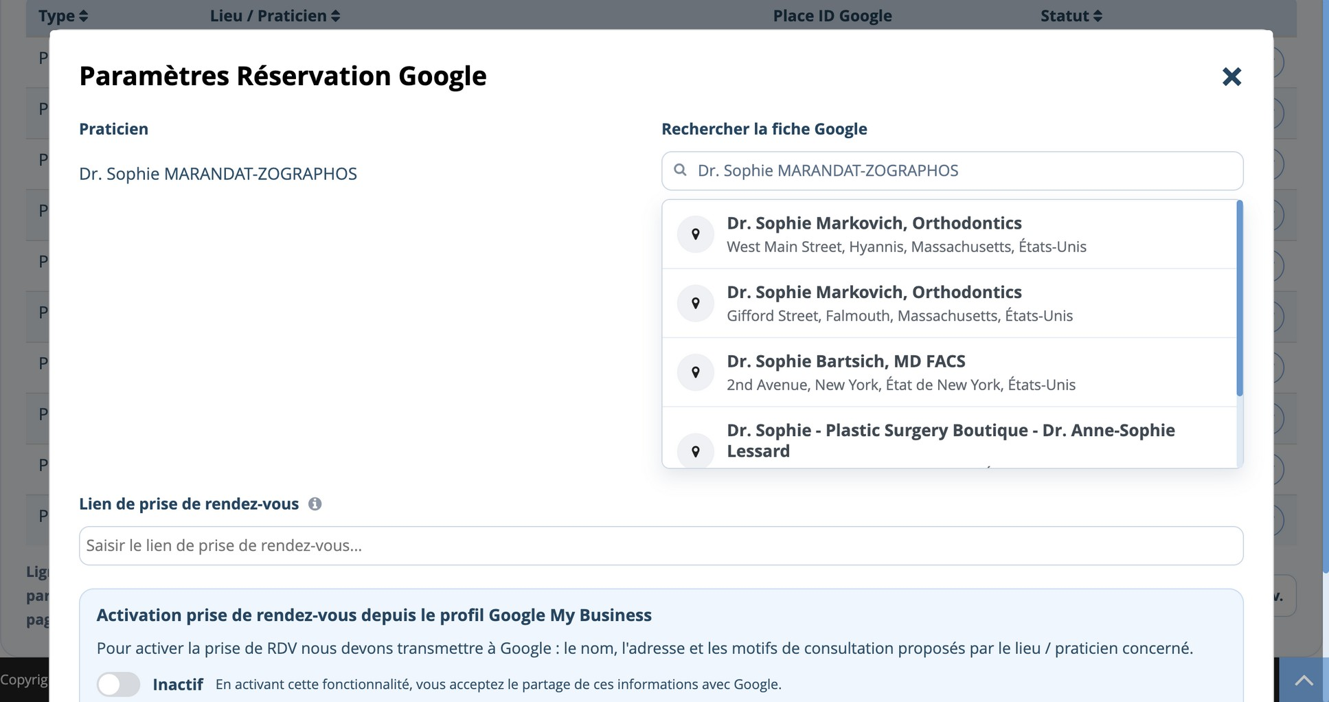 Fenêtre Paramètres Réservation Google avec le nom prérempli et la liste des fiches proposées